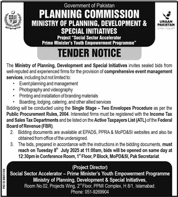 Ministry of Planning, Development & Special Initiatives Islamabad Tender Notice
